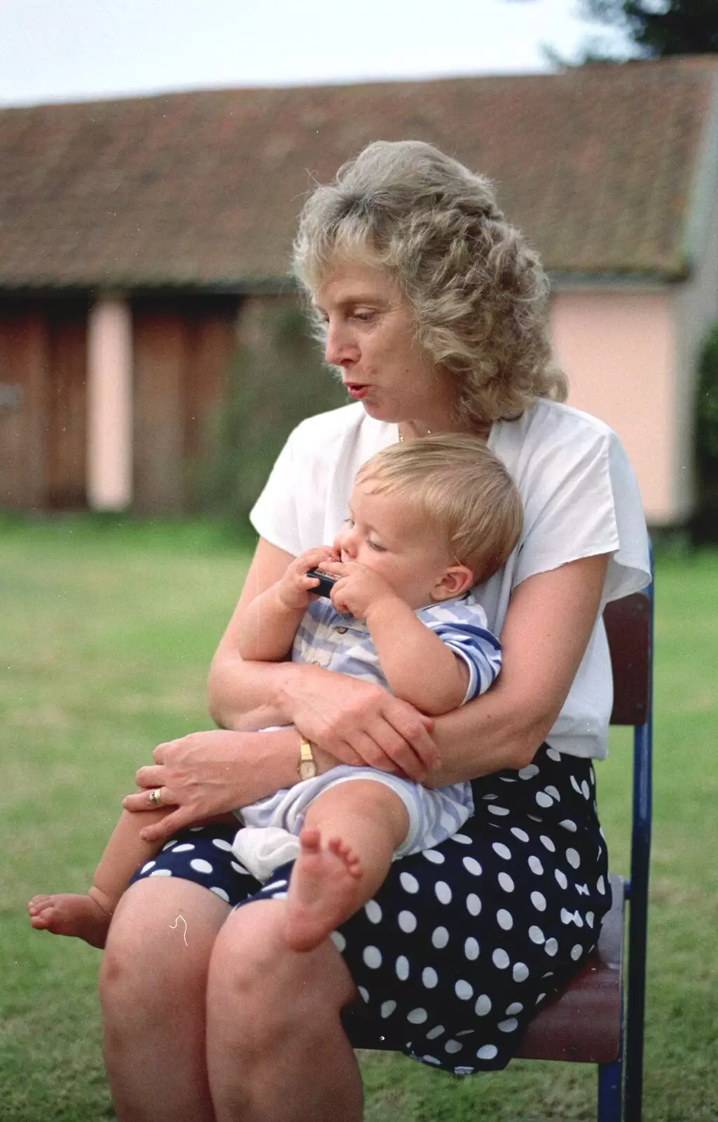 Jean gets a go of the baby, from Mel and Andy Visit, Stuston, Suffolk - 16th May 1996