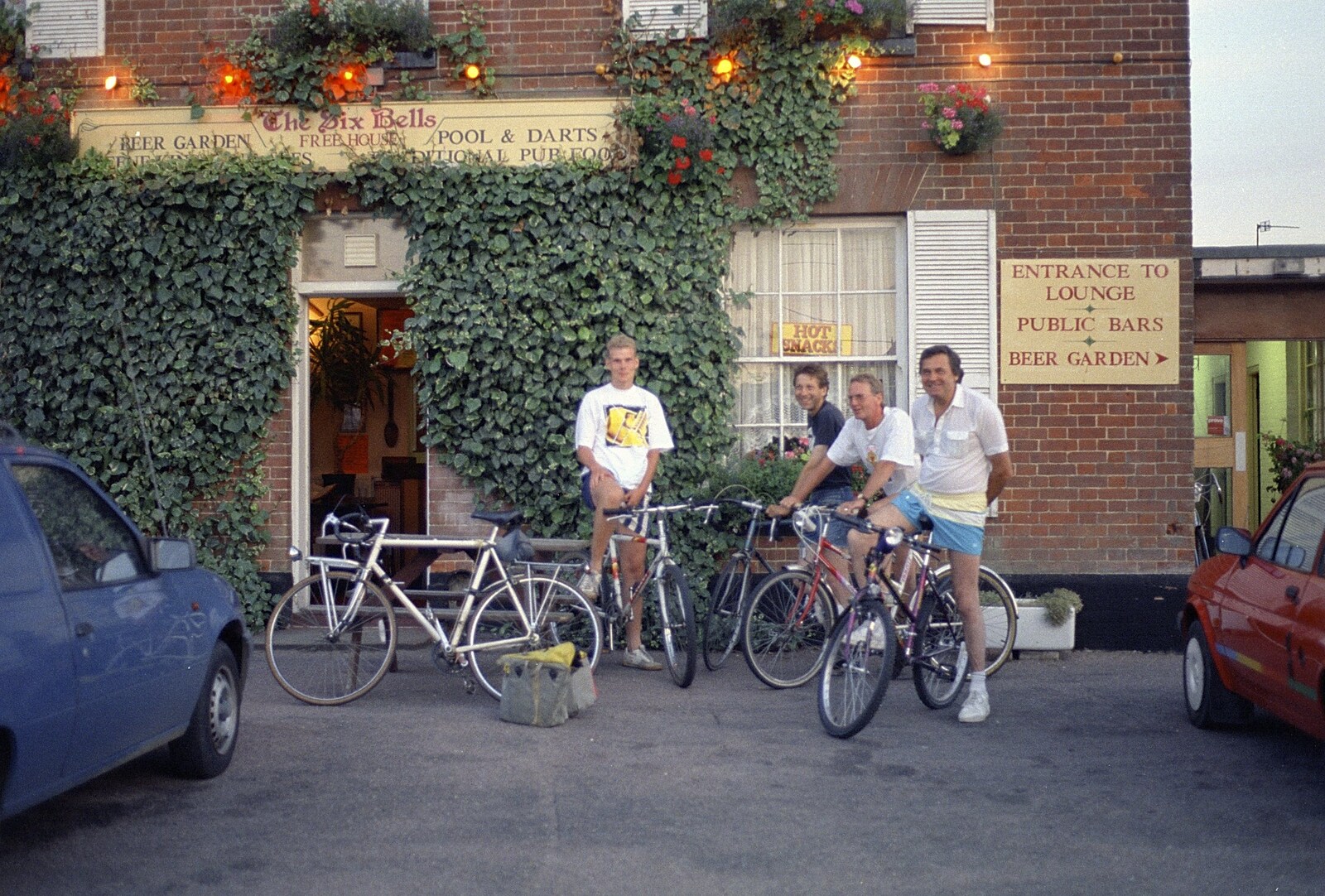 Bill, Apple, John Willy and Alan outside the Six Bells from A BSCC Ride to the Six Bells, Gislingham, Suffolk - 21st May 1996
