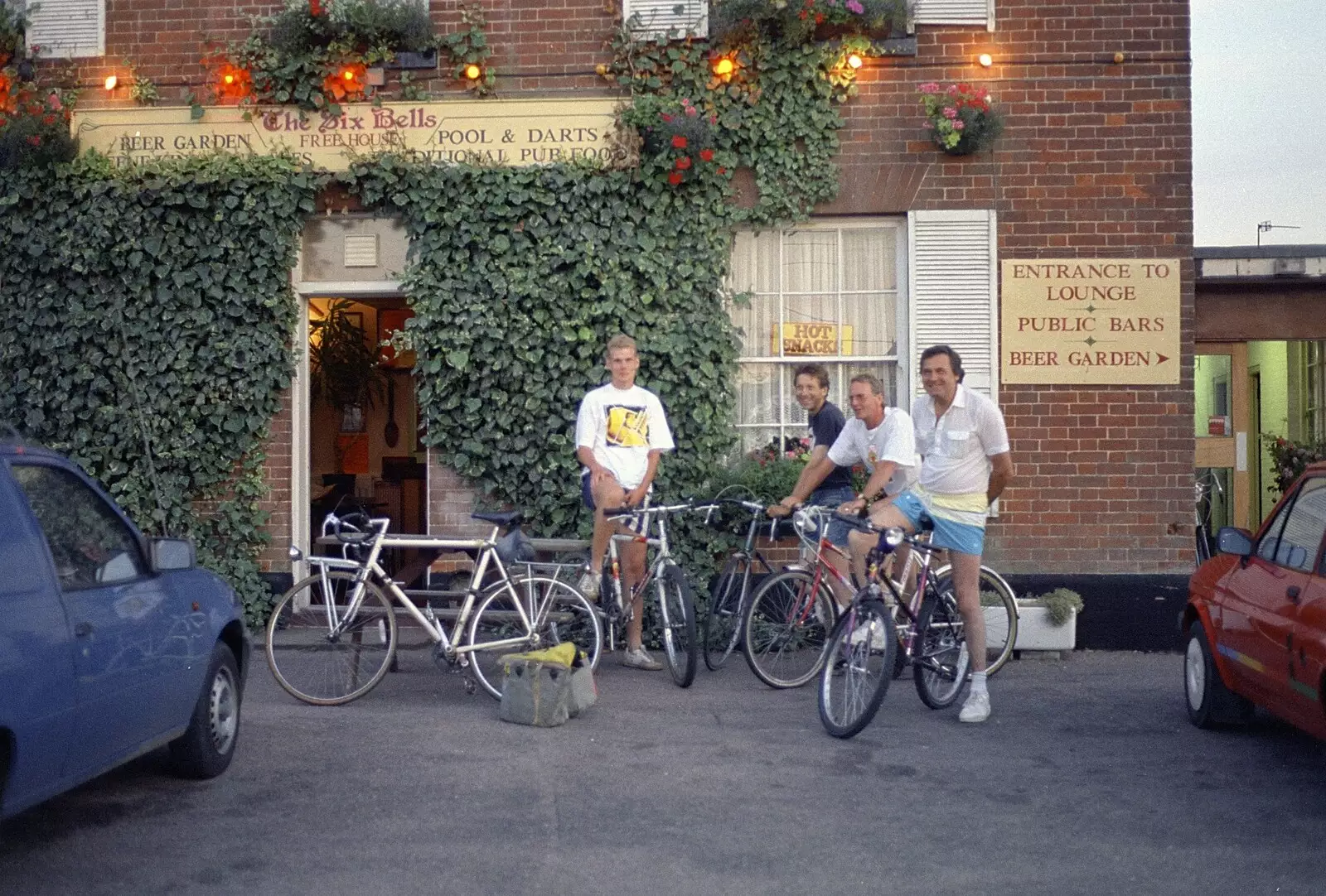 Bill, Apple, John Willy and Alan outside the Six Bells, from A BSCC Ride to the Six Bells, Gislingham, Suffolk - 21st May 1996