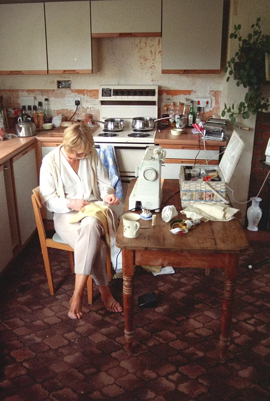 The Old Man's girlfriend Katie makes some curtains, from A BSCC Ride to the Six Bells, Gislingham, Suffolk - 21st May 1996