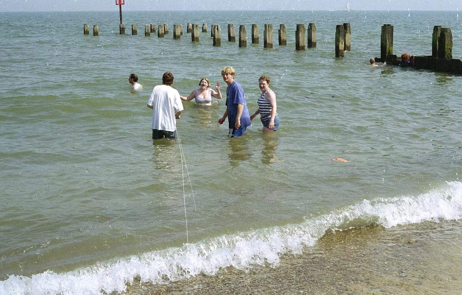 Apple, Helen Paul and Sally are in the sea, from The First BSCC Bike Ride to Southwold, Suffolk - 10th June 1996