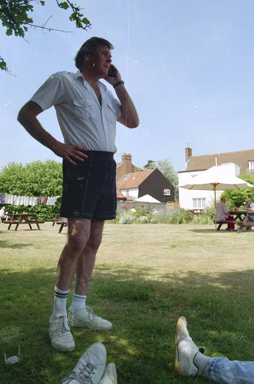 Alan's on Nosher's phone, from The First BSCC Bike Ride to Southwold, Suffolk - 10th June 1996