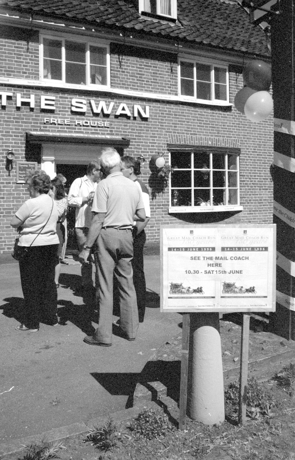 A poster advertising the Mail Run outside the Swan from The Norwich Union Mail Coach Run, The Swan Inn, Brome - 15th June 1996