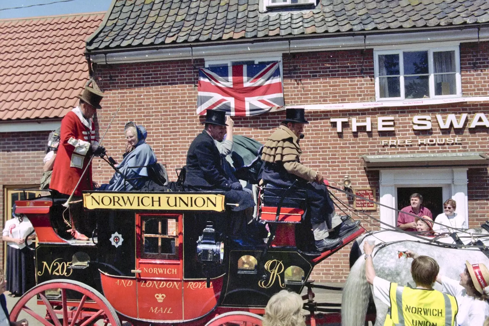 John Parker and the mail coach outside the pub, from The Norwich Union Mail Coach Run, The Swan Inn, Brome - 15th June 1996