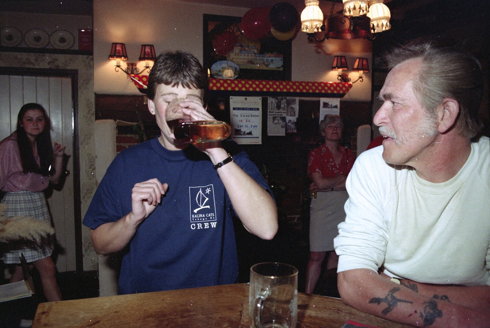 Pippa drinks her beer from A Welly Boot of Beer at the Swan Inn, Brome, Suffolk - 15th June 1996