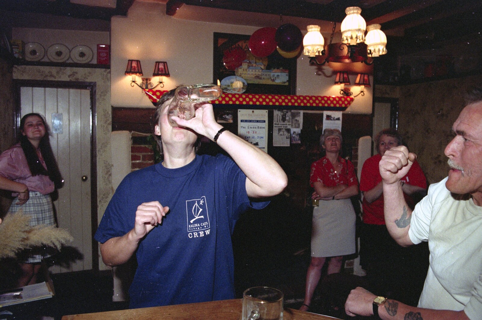 Pippa finishes the boot from A Welly Boot of Beer at the Swan Inn, Brome, Suffolk - 15th June 1996