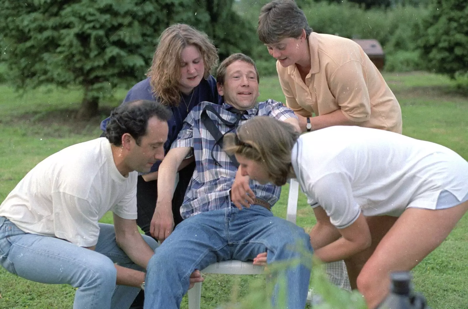 It's Apple's turn for the chair, from DH's Barbeque at The Swan Inn, Brome, Suffolk - July 14th 1996