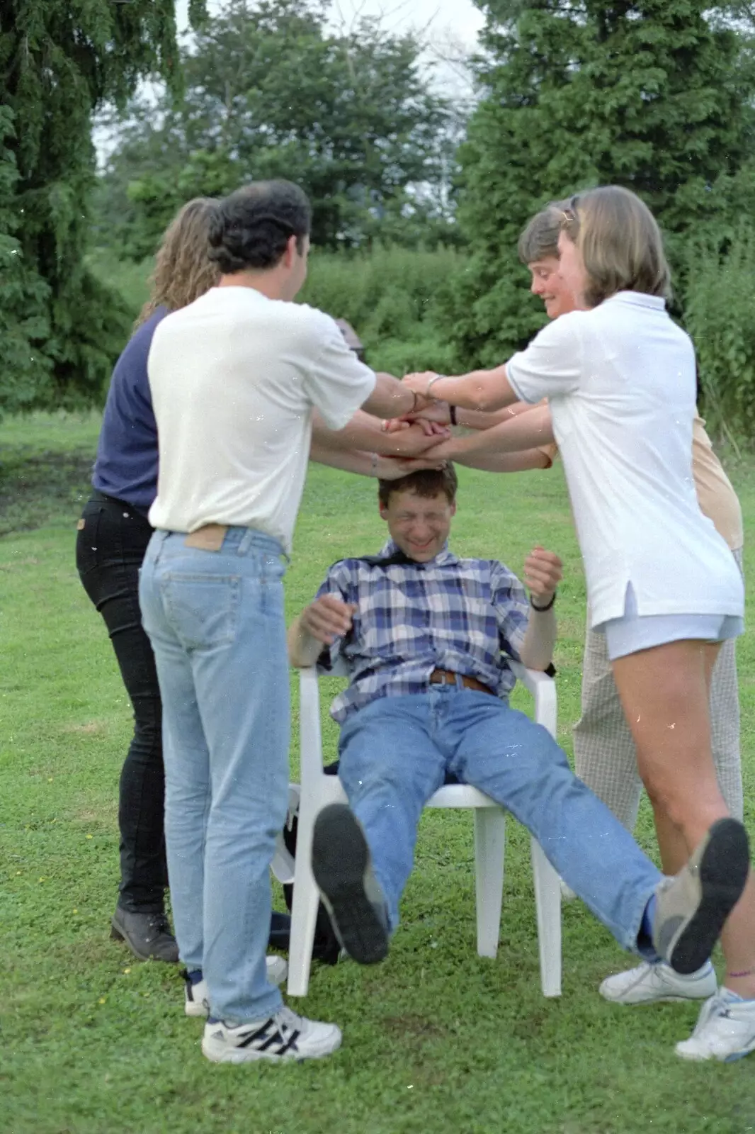 Apple gets a pile of hands on his head, from DH's Barbeque at The Swan Inn, Brome, Suffolk - July 14th 1996