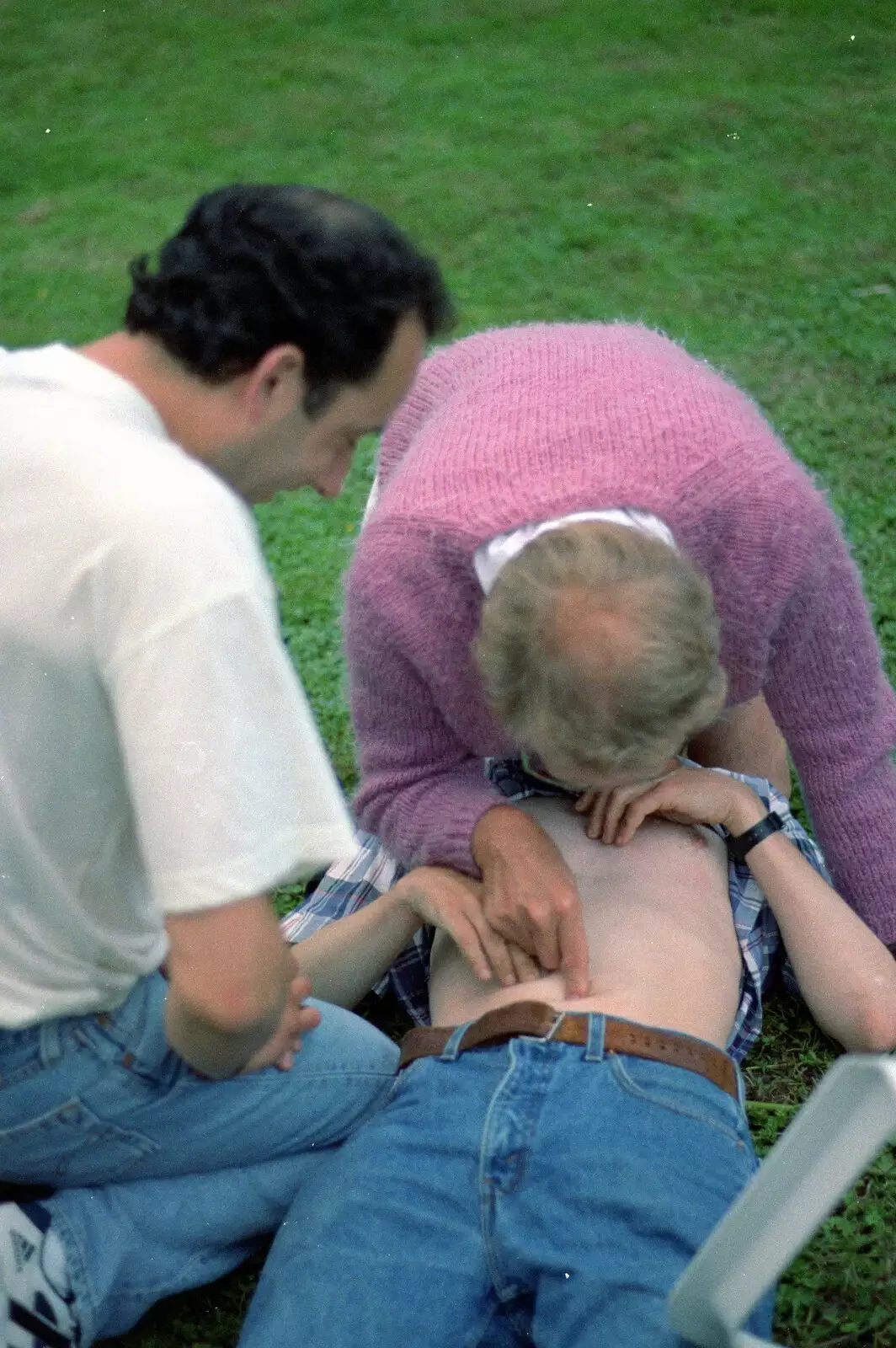 John Willy pokes Apple's belly button, from DH's Barbeque at The Swan Inn, Brome, Suffolk - July 14th 1996