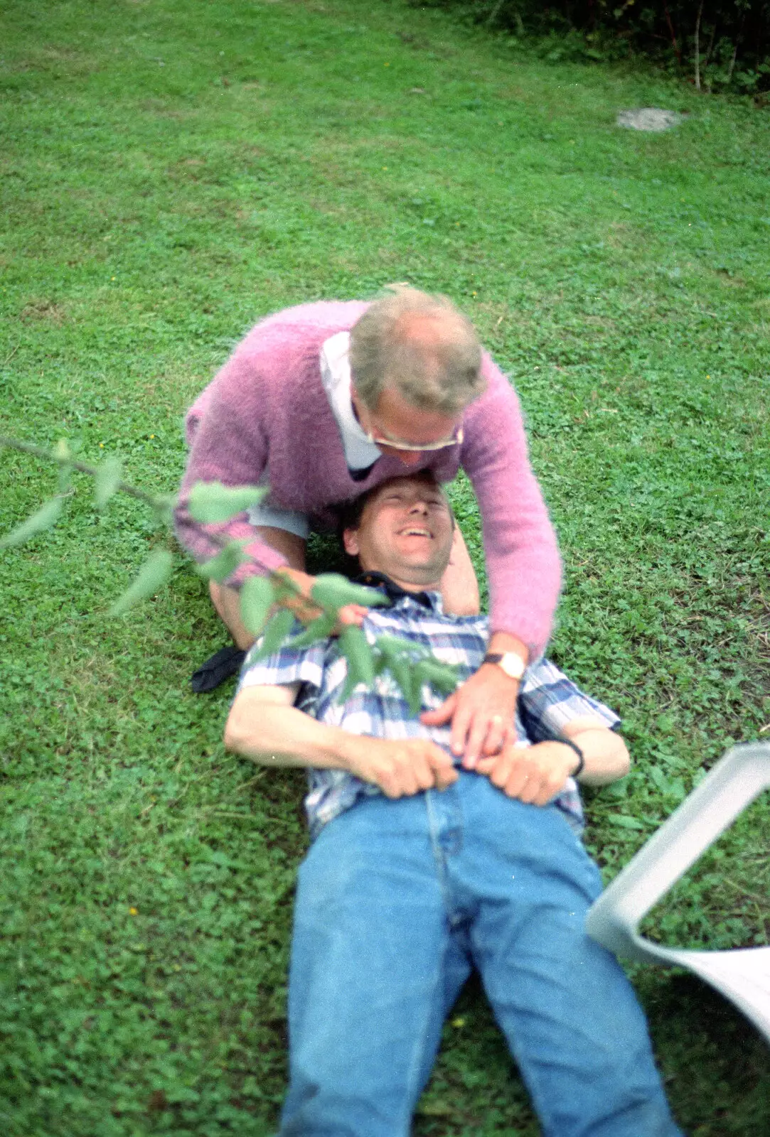 Apple gets thrashed with a tree branch, from DH's Barbeque at The Swan Inn, Brome, Suffolk - July 14th 1996