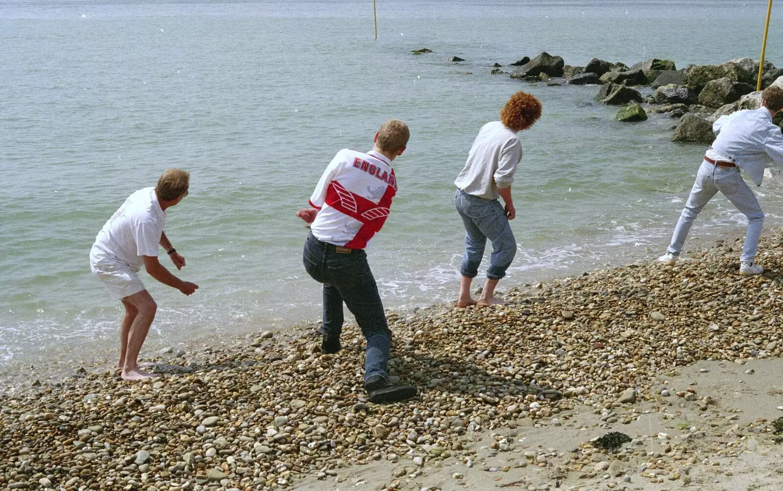 John, Bill, Wavy and Ninja M hurl stones, from A Brome Swan Trip to Wimereux, France - 20th June 1996