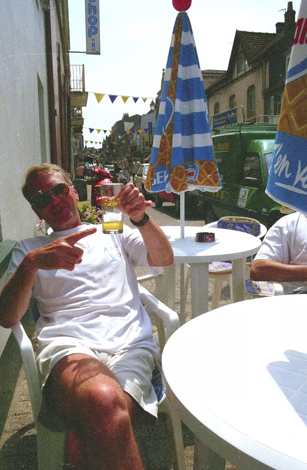 John Willy points at his nearly-empty beer, from A Brome Swan Trip to Wimereux, France - 20th June 1996