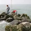 Wavy and Spam climb out on a groyne, A Brome Swan Trip to Wimereux, France - 20th June 1996