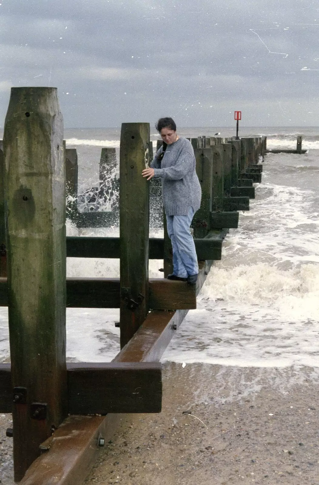 Samantha climbs around on a groyne, from The BSCC Does Le Shuttle, and a CISU Party at Andrew's, Saint-Omer and Ipswich - 3rd August 1996