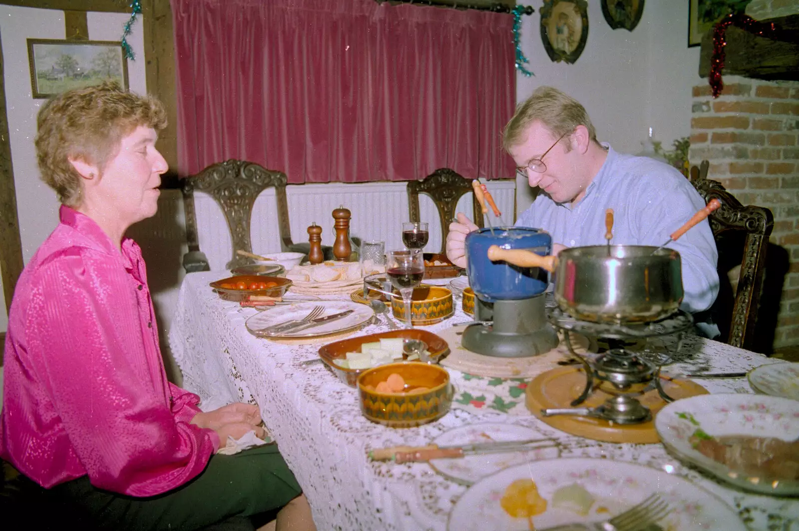 Brenda and Darren do fondue, from The BSCC Does Le Shuttle, and a CISU Party at Andrew's, Saint-Omer and Ipswich - 3rd August 1996