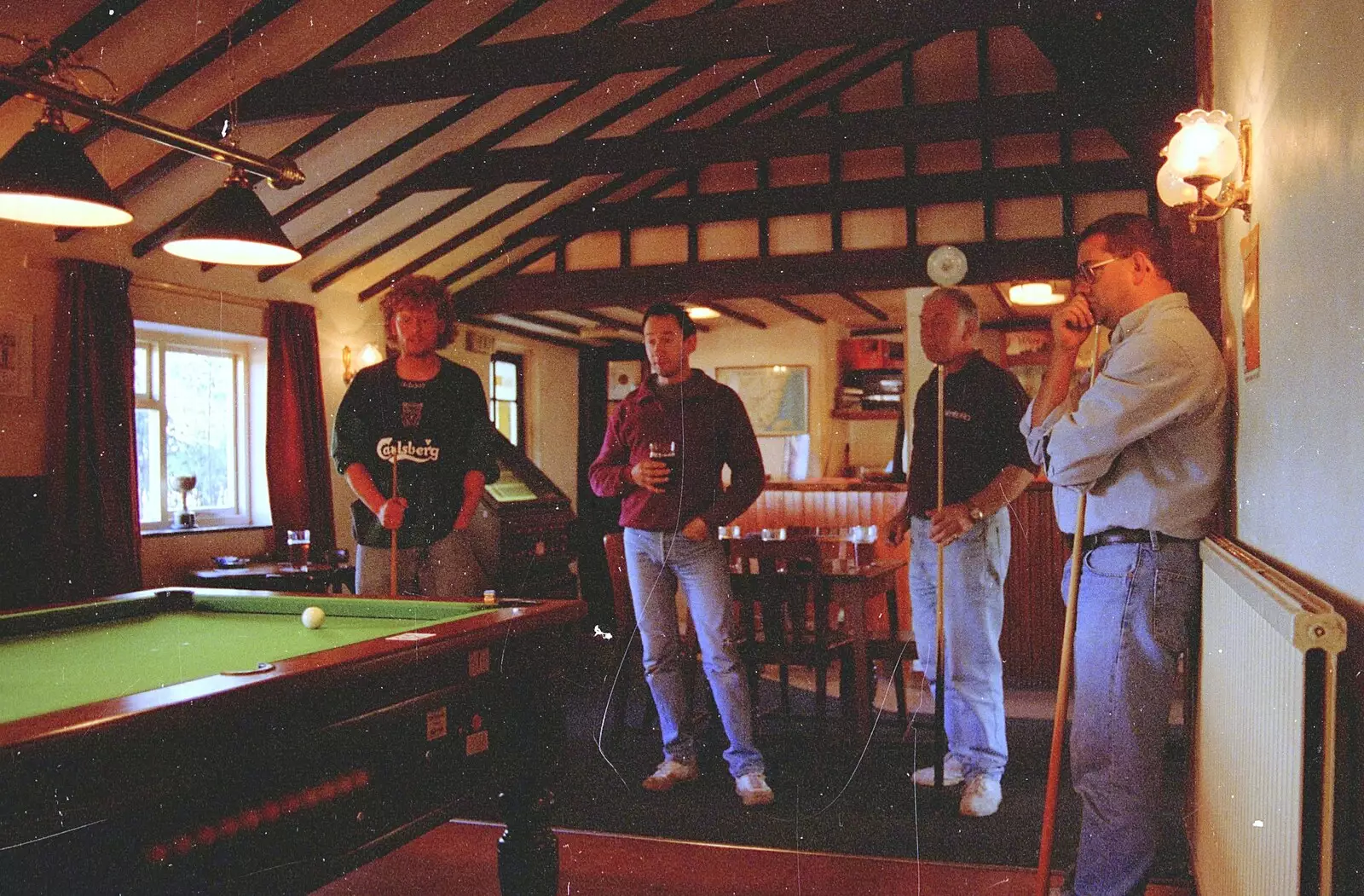 Apple, Wavy and Roger ponder the next shot, from The BSCC Does Le Shuttle, and a CISU Party at Andrew's, Saint-Omer and Ipswich - 3rd August 1996