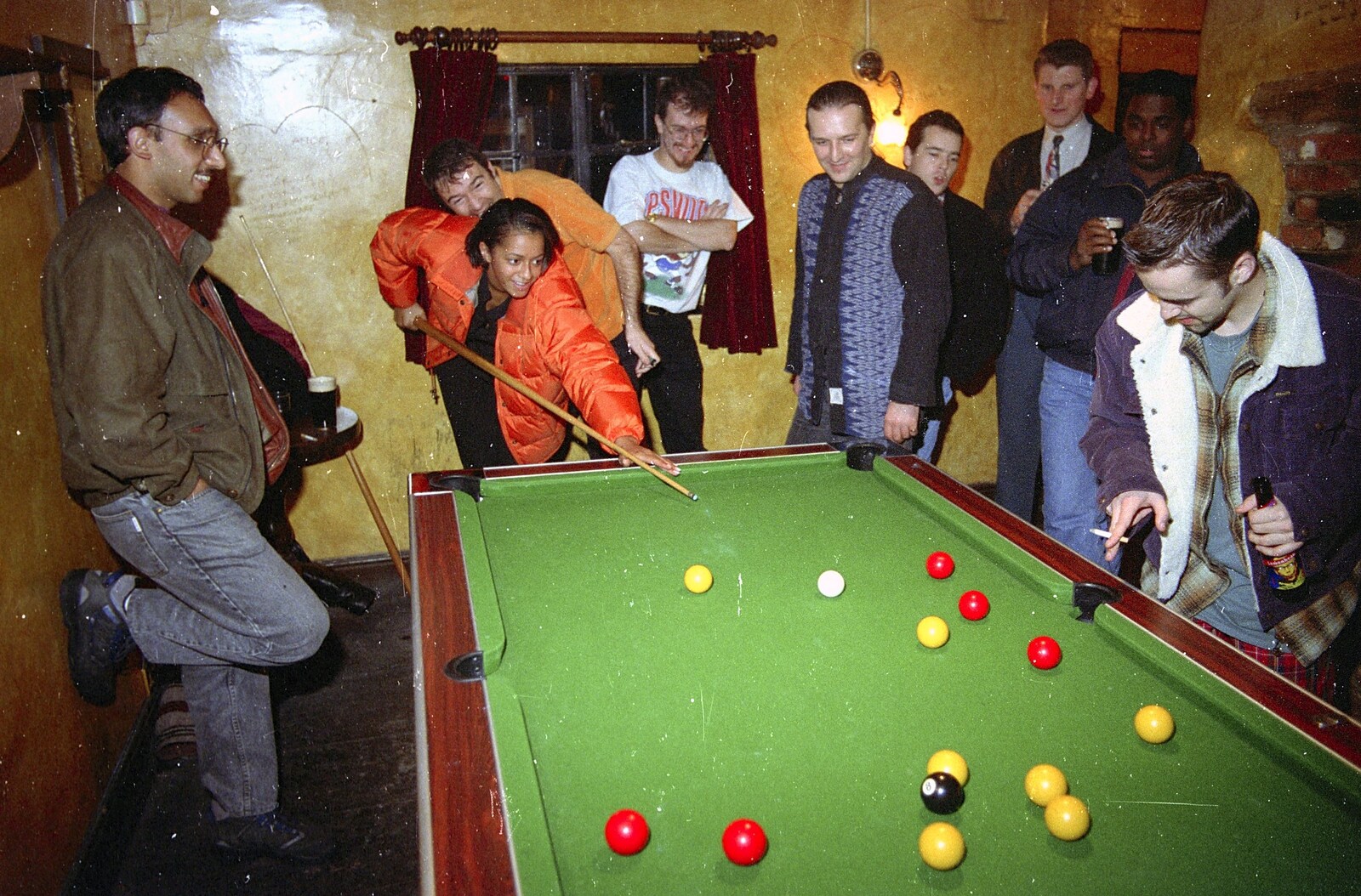 Natalie plays a shot, somewhat restricted by her massive orange Puffa jacket from A Conkers Night and CISU in the Eagle, Brome and Ipswich, Suffolk - 14th September 1996
