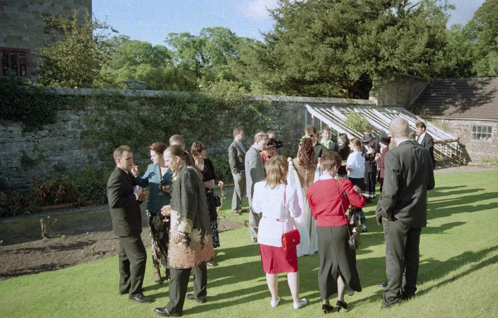 Mingling by the greenhouse, from Stuart and Sarah's CISU Wedding, Naworth Castle, Brampton, Cumbria - 21st September 1996