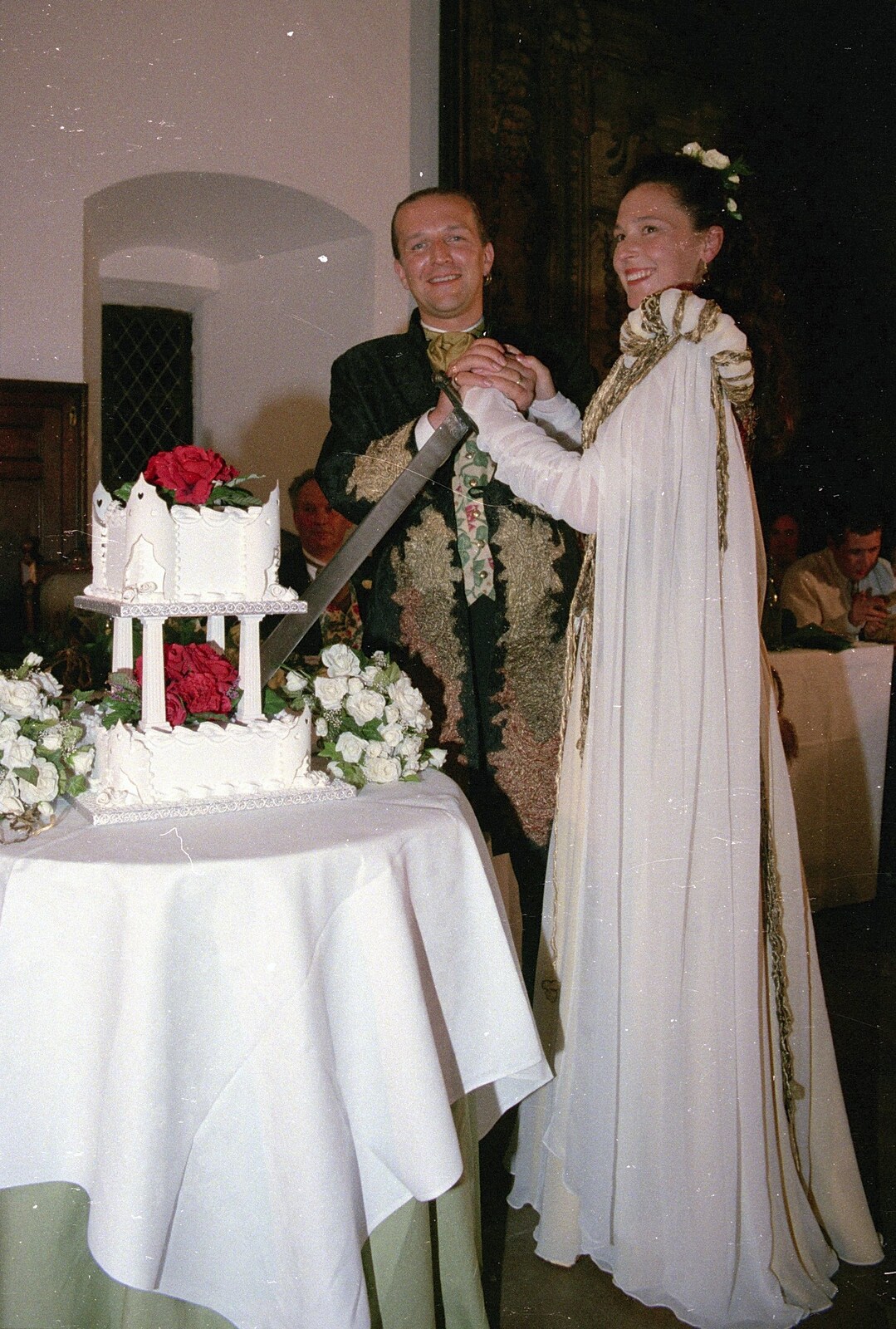 Stuart and Sarah's CISU Wedding, Naworth Castle, Brampton, Cumbria - 21st September 1996: Slicing into cake with a massive sword