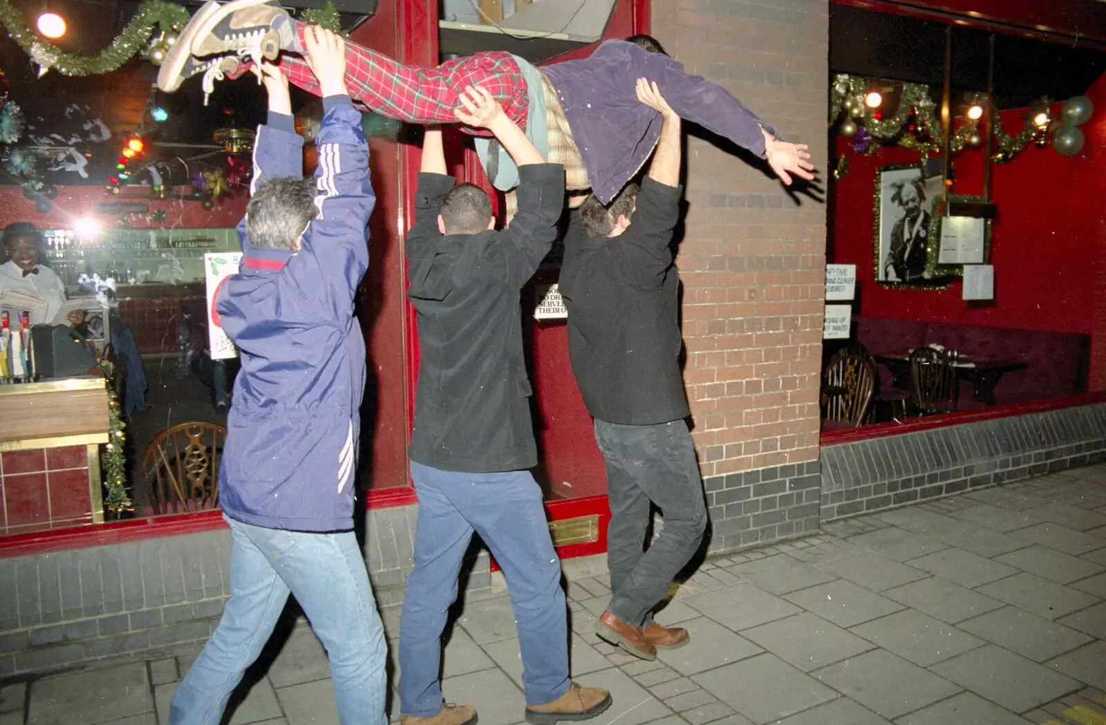 Trev does a 'swim' outside Clowns Restaurant, from A CISU Night at Los Mexicanos Restaurant, Ipswich - 15th December 1996