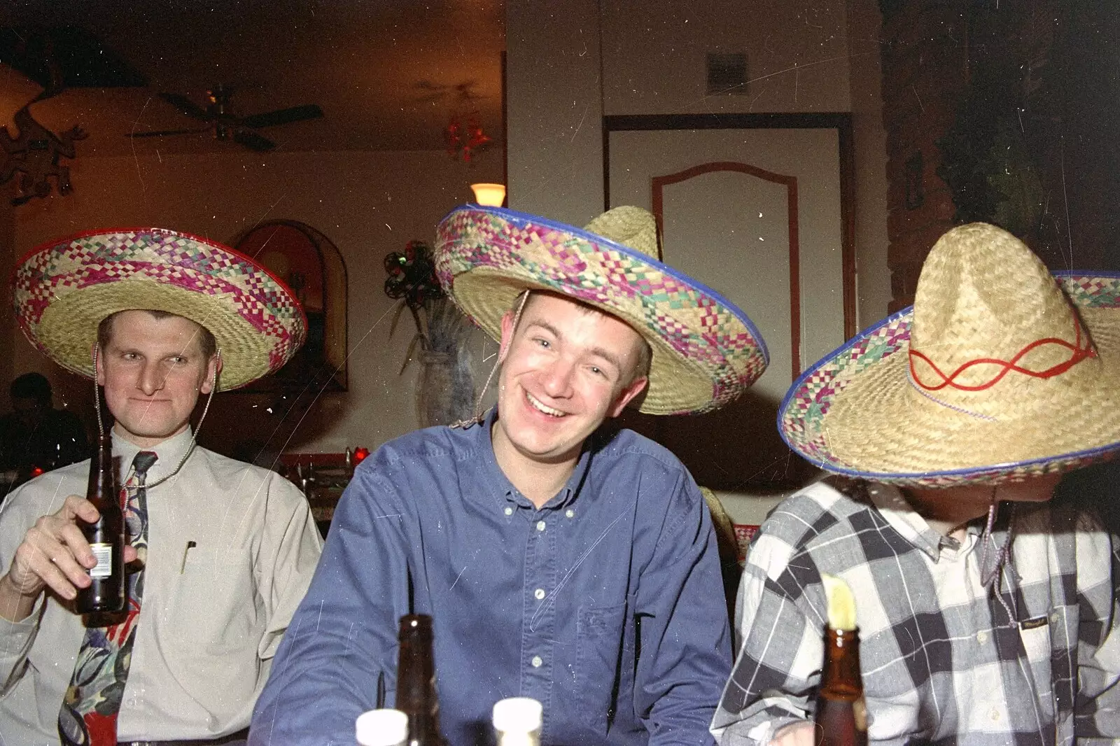 Jon Segger and Nosher, in sombreros, from A CISU Night at Los Mexicanos Restaurant, Ipswich - 15th December 1996