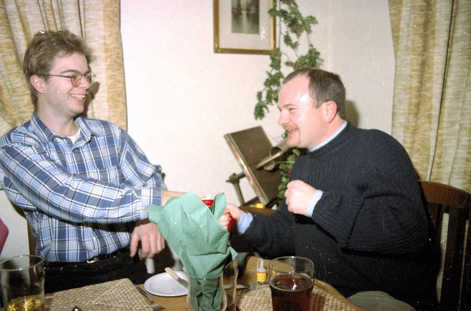 Simon Morris and Hamish pull a cracker, from Hamish's Thirtieth Birthday, Hare and Hounds, Sway, Hampshire - 19th December 1996