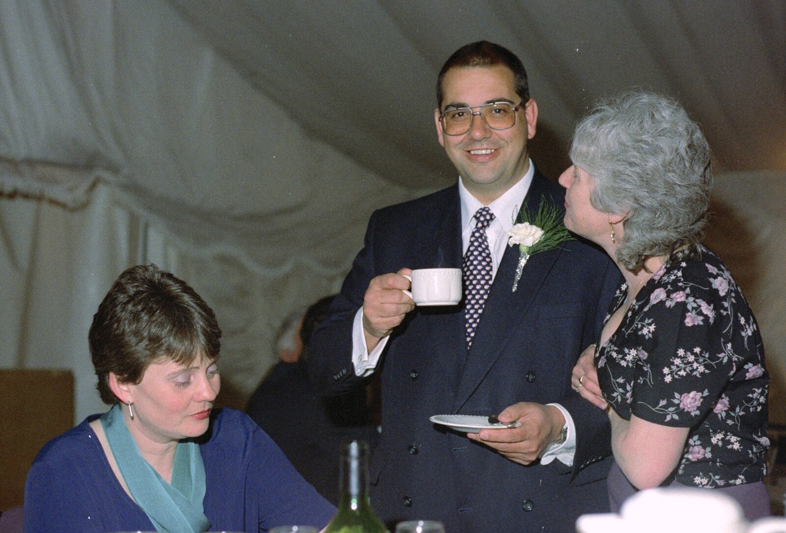 Roger has a coffee from The Brome Swan at Graham and Pauline's Wedding, Gissing Hall, Norfolk - 28th April 1997