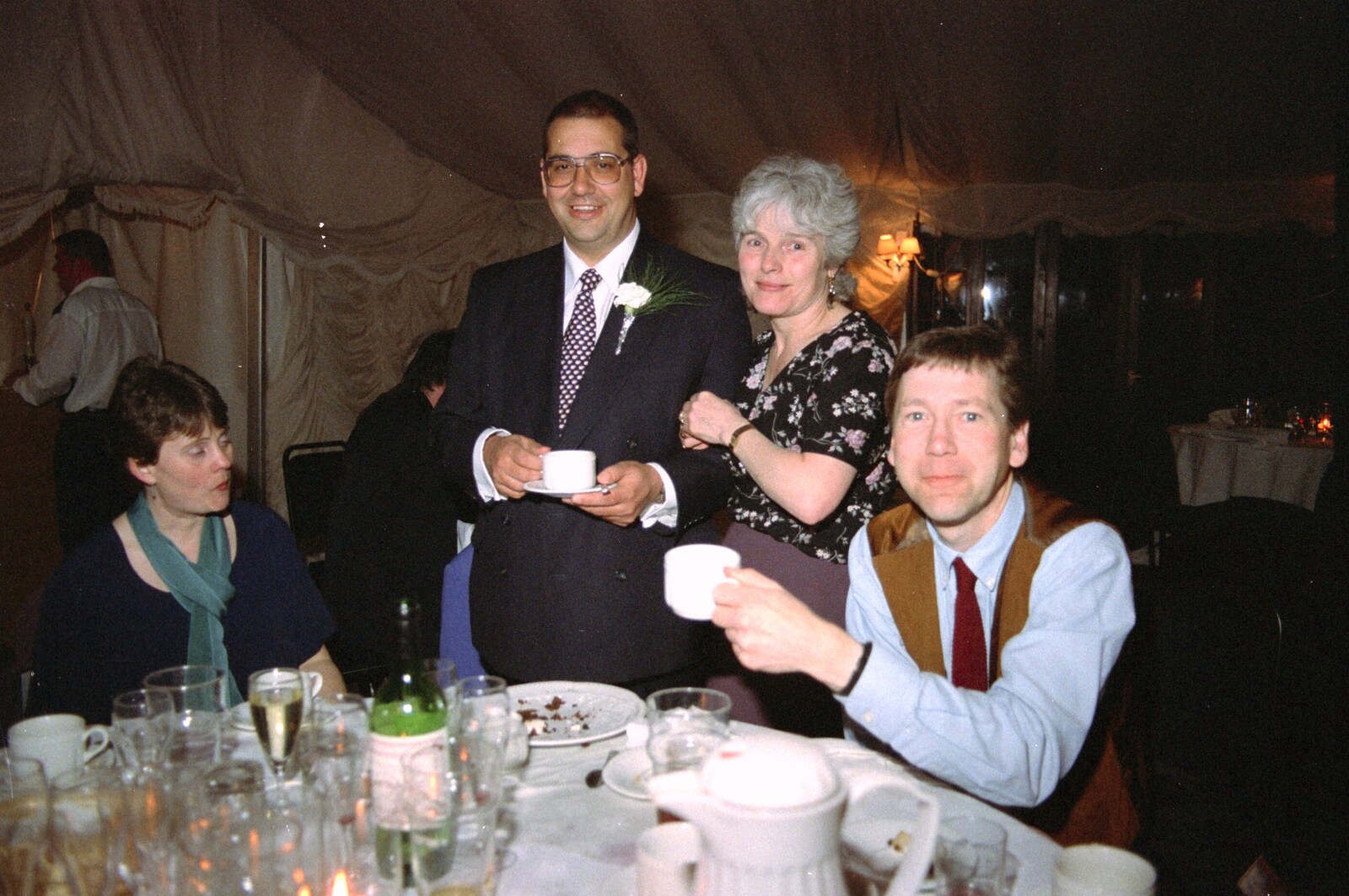 A toast in coffee-cup from Roger, Spammy and Apple from The Brome Swan at Graham and Pauline's Wedding, Gissing Hall, Norfolk - 28th April 1997