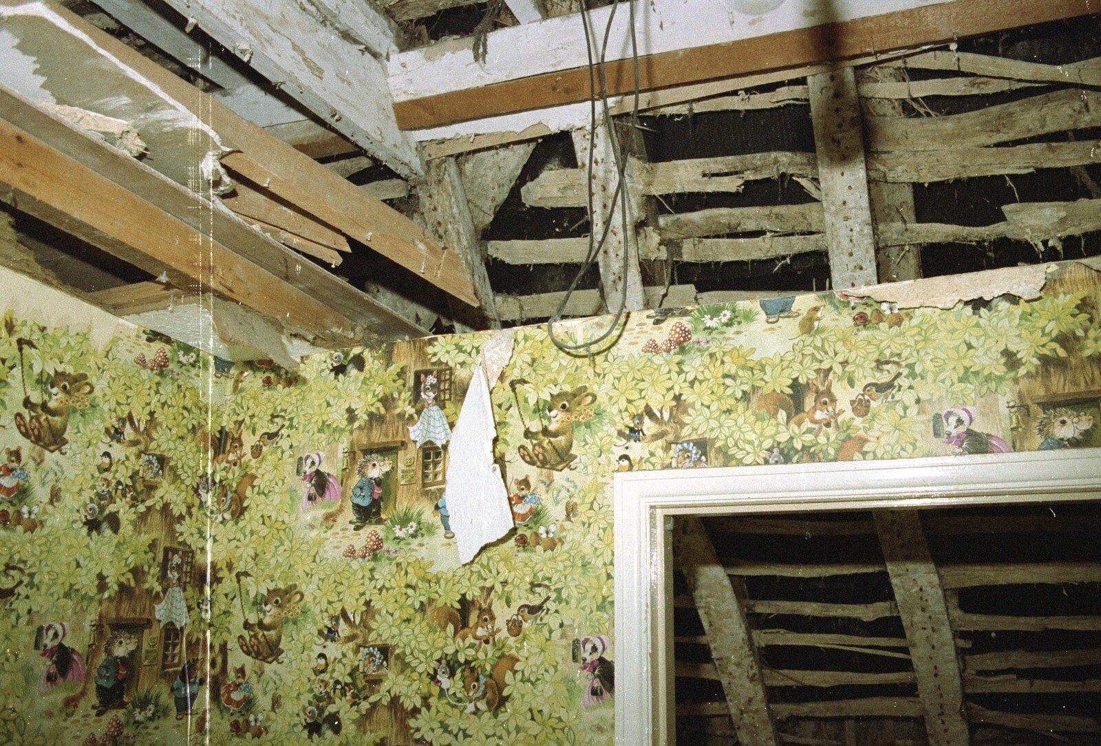 The old child's bedroom wallpaper from Hale-Bopp and Bedroom Demolition, Brome, Suffolk - 10th May 1997