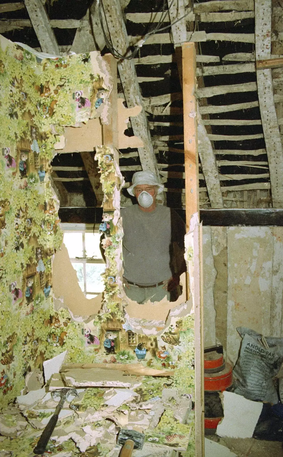 The Old Chap peers through a destroyed wall, from Hale-Bopp and Bedroom Demolition, Brome, Suffolk - 10th May 1997