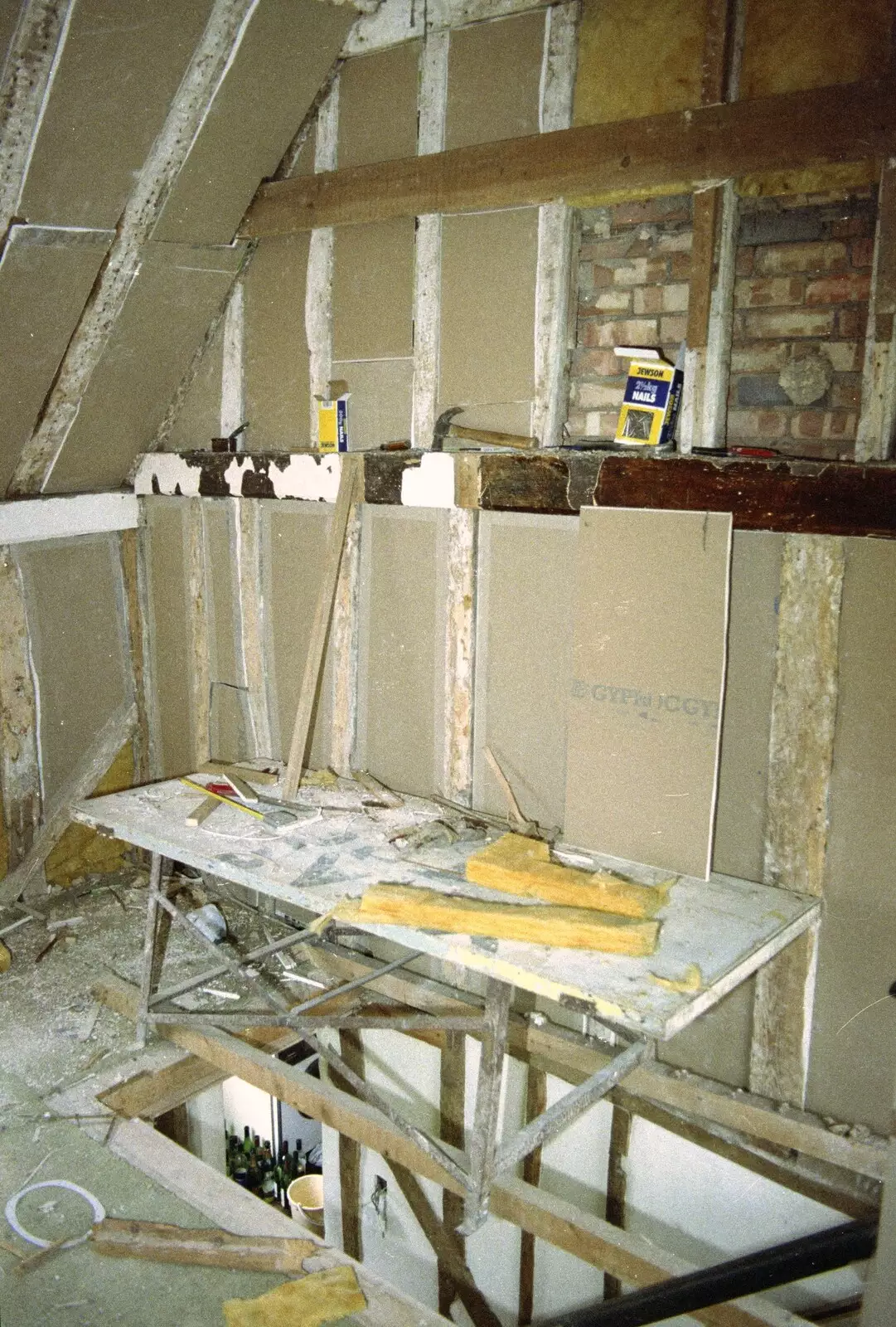 A sort-of table hangs precariously over the stairwell, from Hale-Bopp and Bedroom Demolition, Brome, Suffolk - 10th May 1997