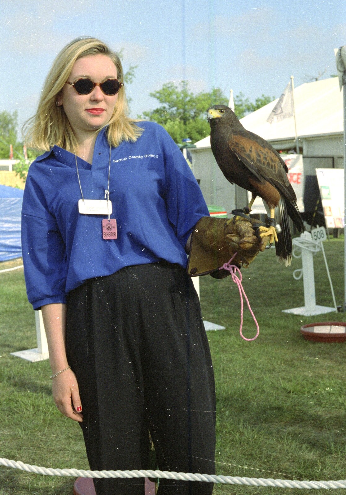 Sarah Bradfield with a bird of prey from CISU do 'Internet-in-a-field', Suffolk Show, Ipswich - May 21st 1997