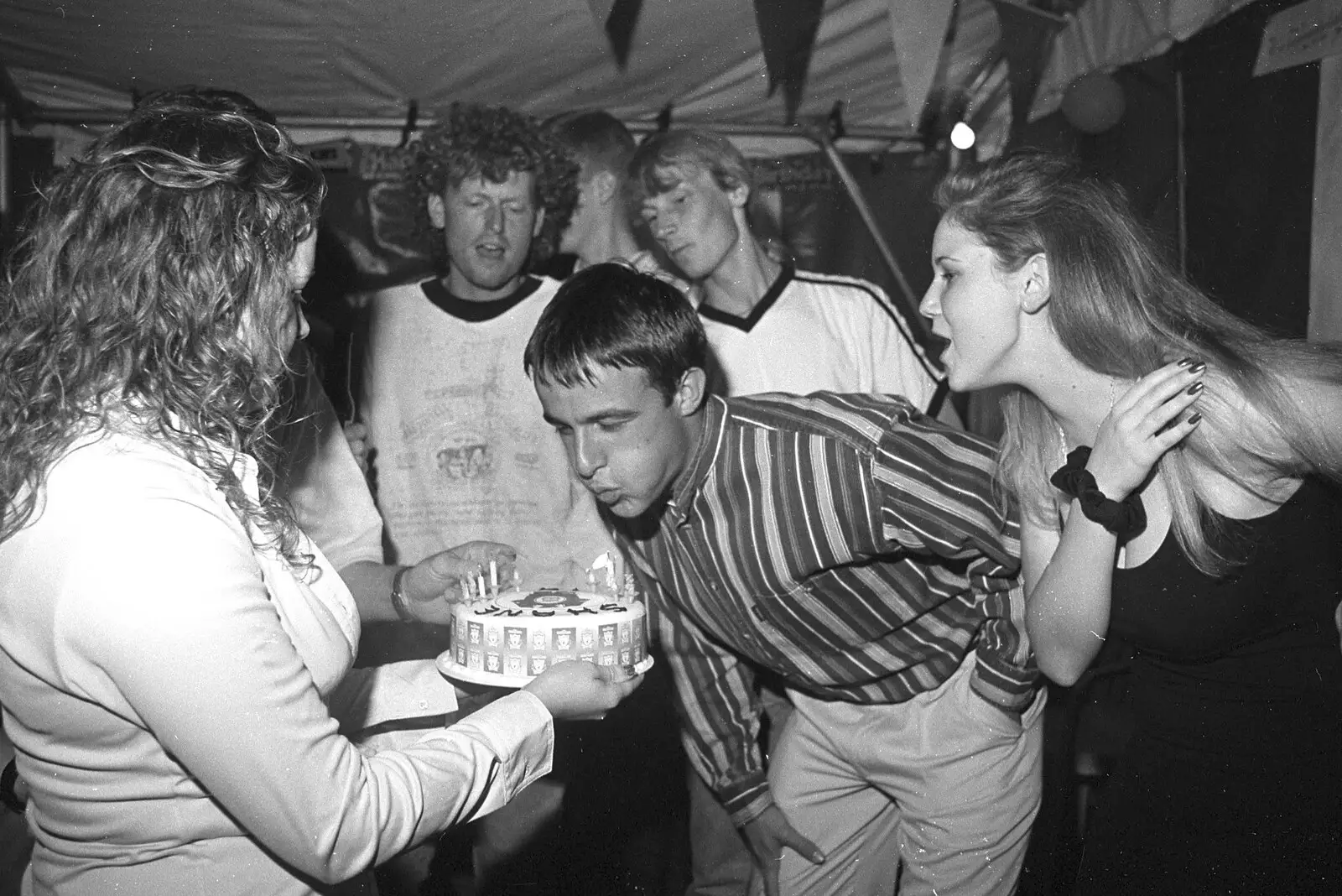 Shane gives it some wind to blow his candles out, from Lorraine's 18th and Claire's 21st, The Swan Inn, Brome, Suffolk - 11th June 1997