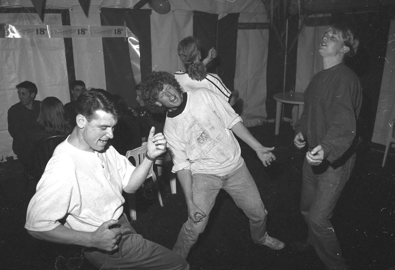 Ricey, Wavy and Paul give it some monster air-guitar, from Lorraine's 18th and Claire's 21st, The Swan Inn, Brome, Suffolk - 11th June 1997