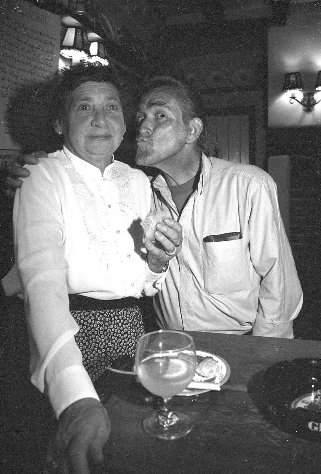 Tony 'T Shirt' Guy gives Nana a kiss, from Lorraine's 18th and Claire's 21st, The Swan Inn, Brome, Suffolk - 11th June 1997