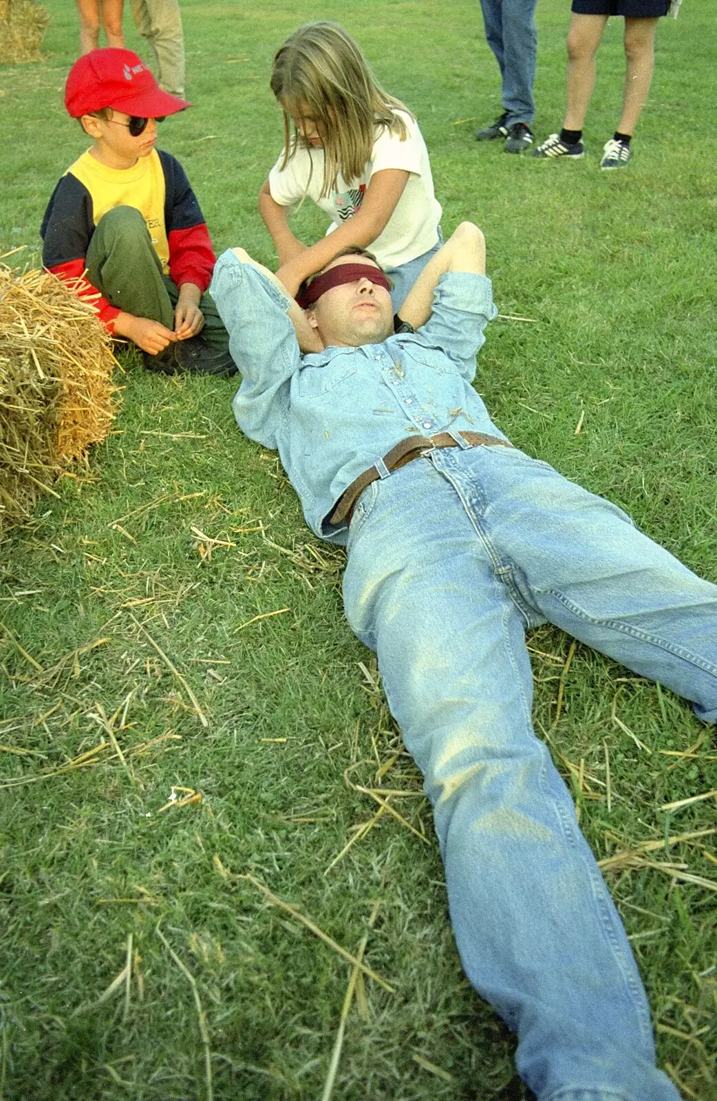 Apple gets blindfolded by Anna, from Bromestock 1 and a Mortlock Barbeque, Brome and Thrandeston, Suffolk - 24th June 1997