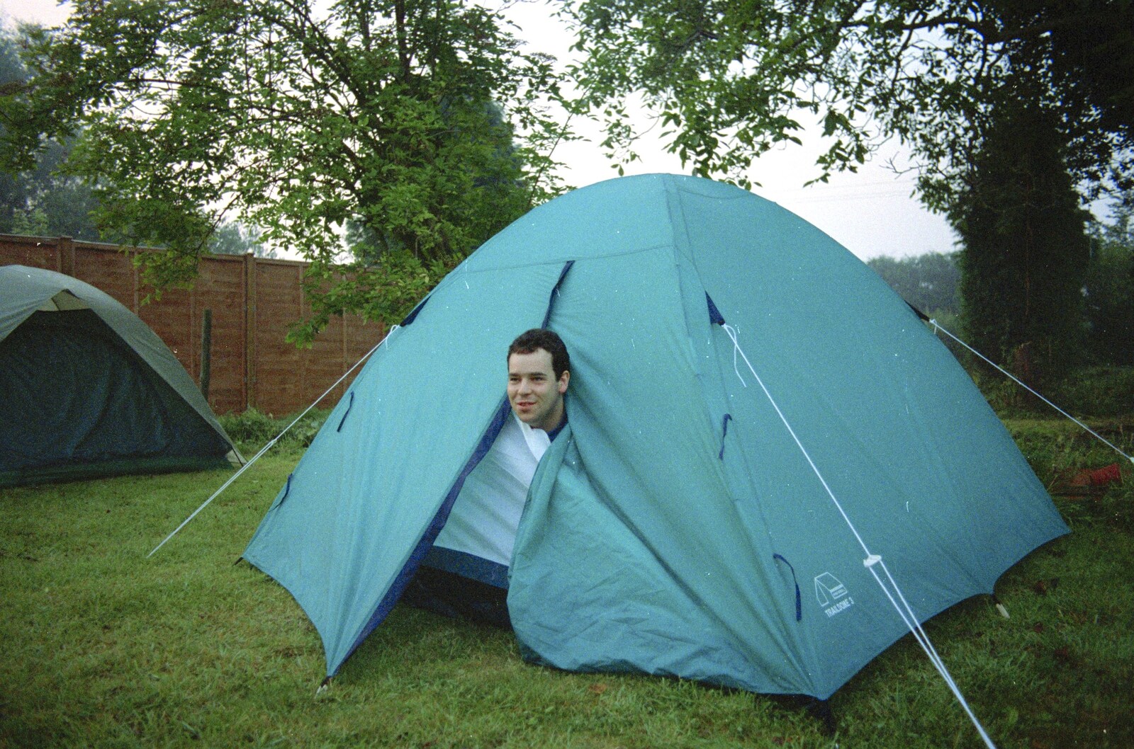 Russell tests his tent out from Bromestock 1 and a Mortlock Barbeque, Brome and Thrandeston, Suffolk - 24th June 1997