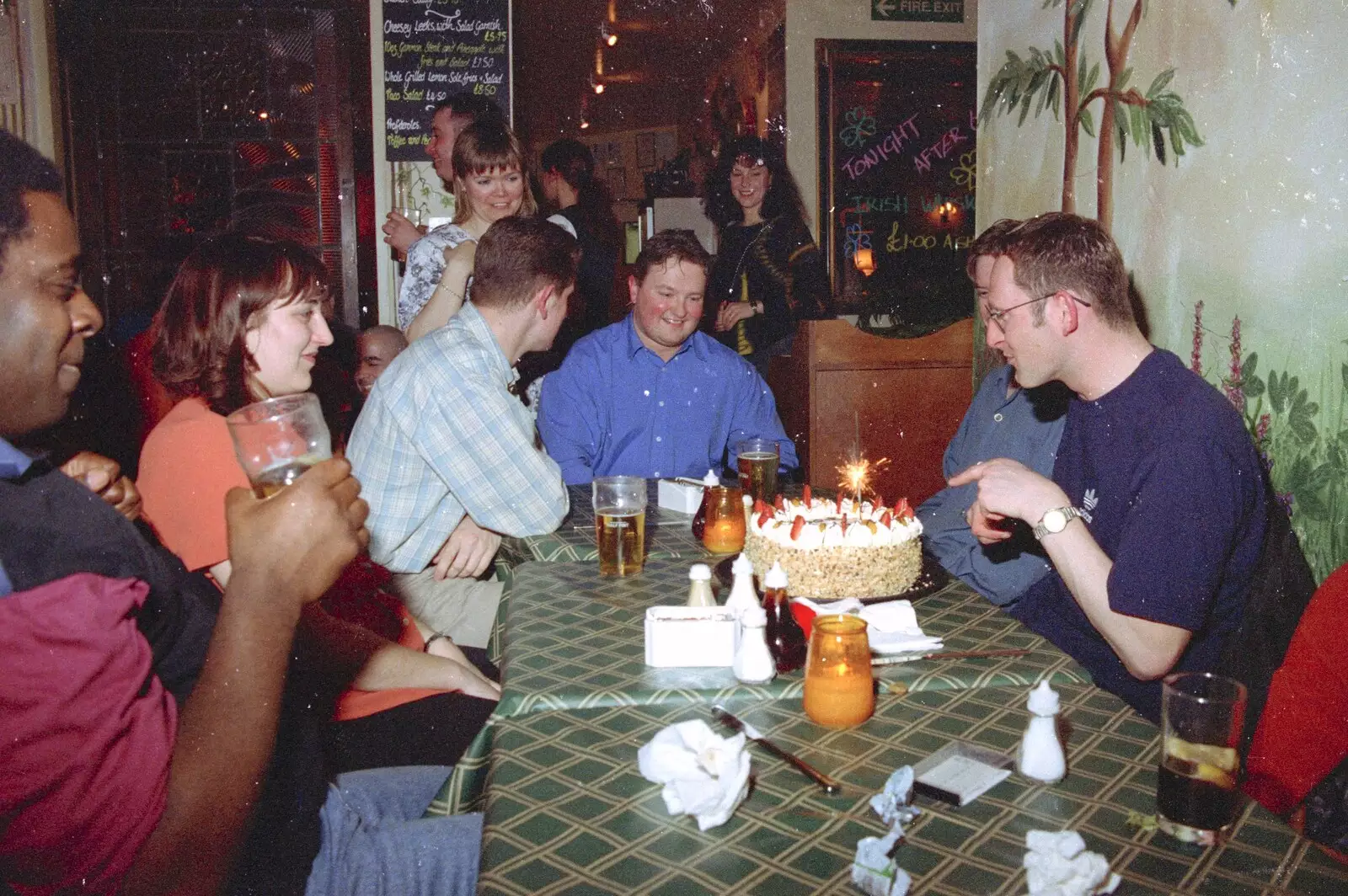 Dougie points at his cake, from Dougie's Birthday and Adrian Leaves CISU, Ipswich, Suffolk - 29th June 1997