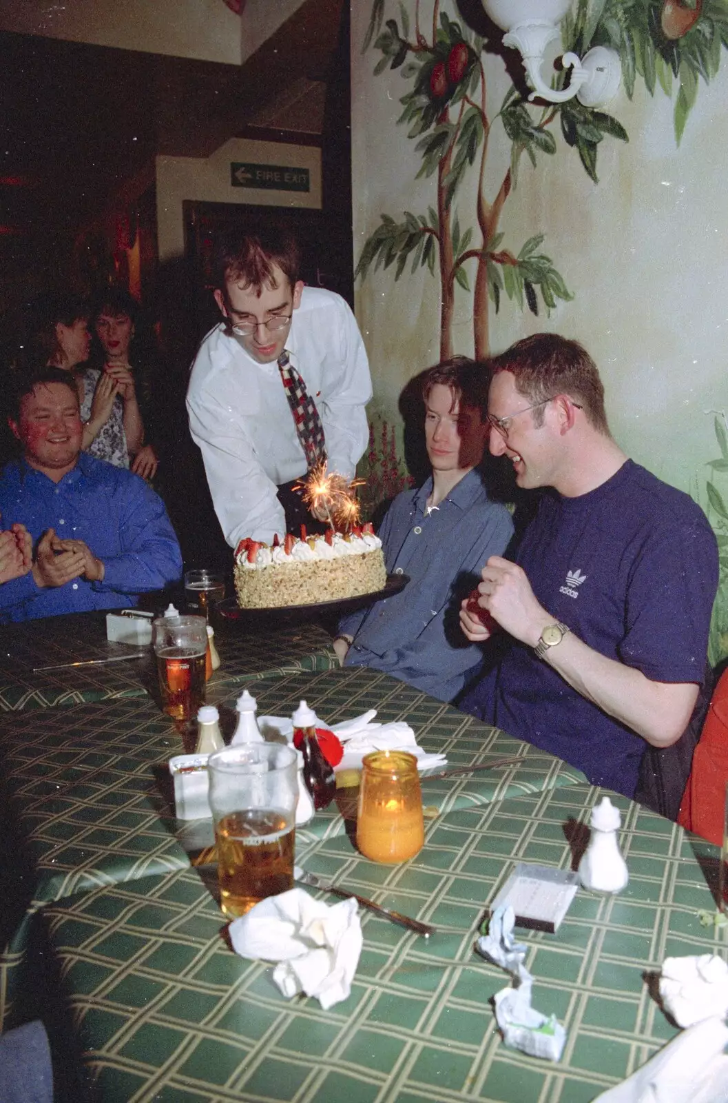 An on-fire birthday cake turns up for Dougie, from Dougie's Birthday and Adrian Leaves CISU, Ipswich, Suffolk - 29th June 1997