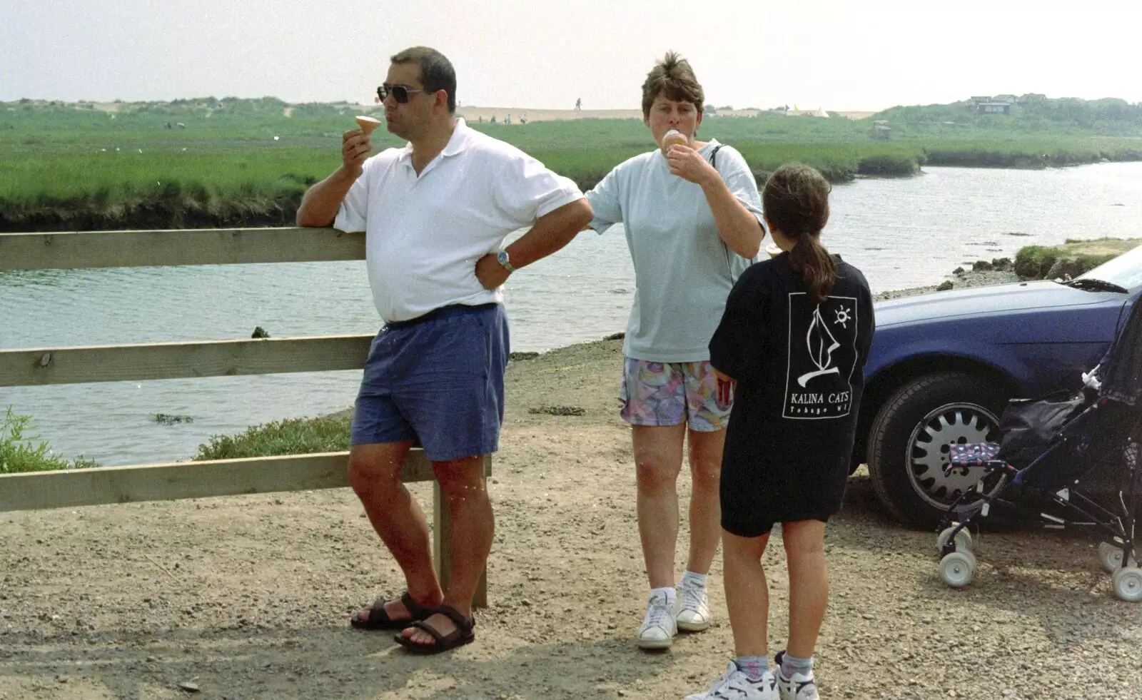 Roger, Pippa and Hannah eat ice cream, from BSCC at the Beach, Walberswick, Suffolk - 15th July 1997