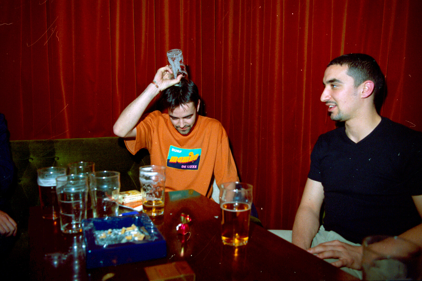 Fred puts his glass on his head from CISU Plays Cardinal's Hat in the SCC Social Club, Ipswich, Suffolk - 3rd August 1997