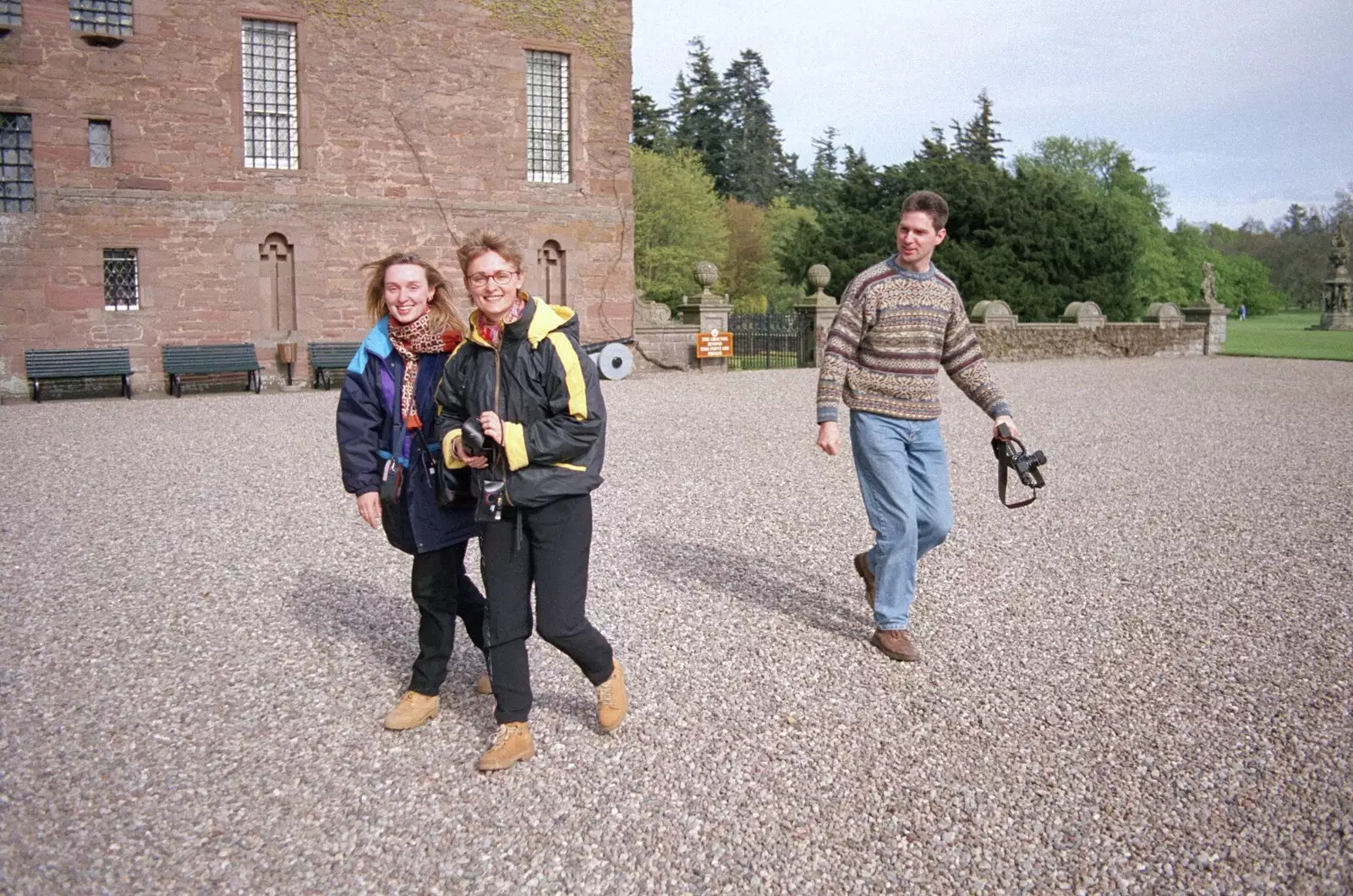 Carole, Isabelle and Sean in the car park, from A Trip to Pitlochry, Scotland - 24th March 1998