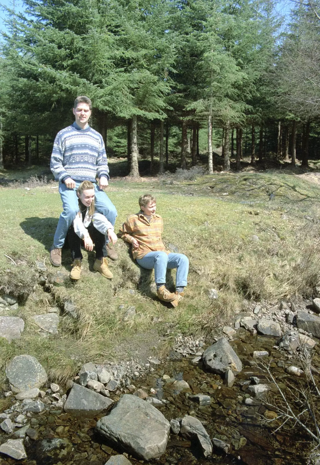 The gang on the banks of a river, from A Trip to Pitlochry, Scotland - 24th March 1998