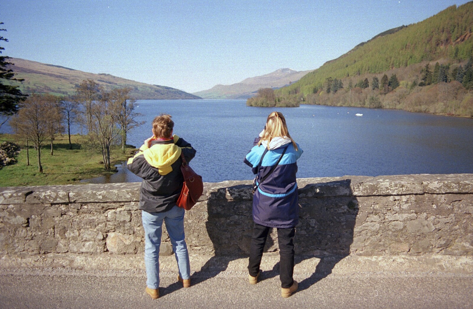 Isabelle and Carole look out across the loch from A Trip to Pitlochry, Scotland - 24th March 1998