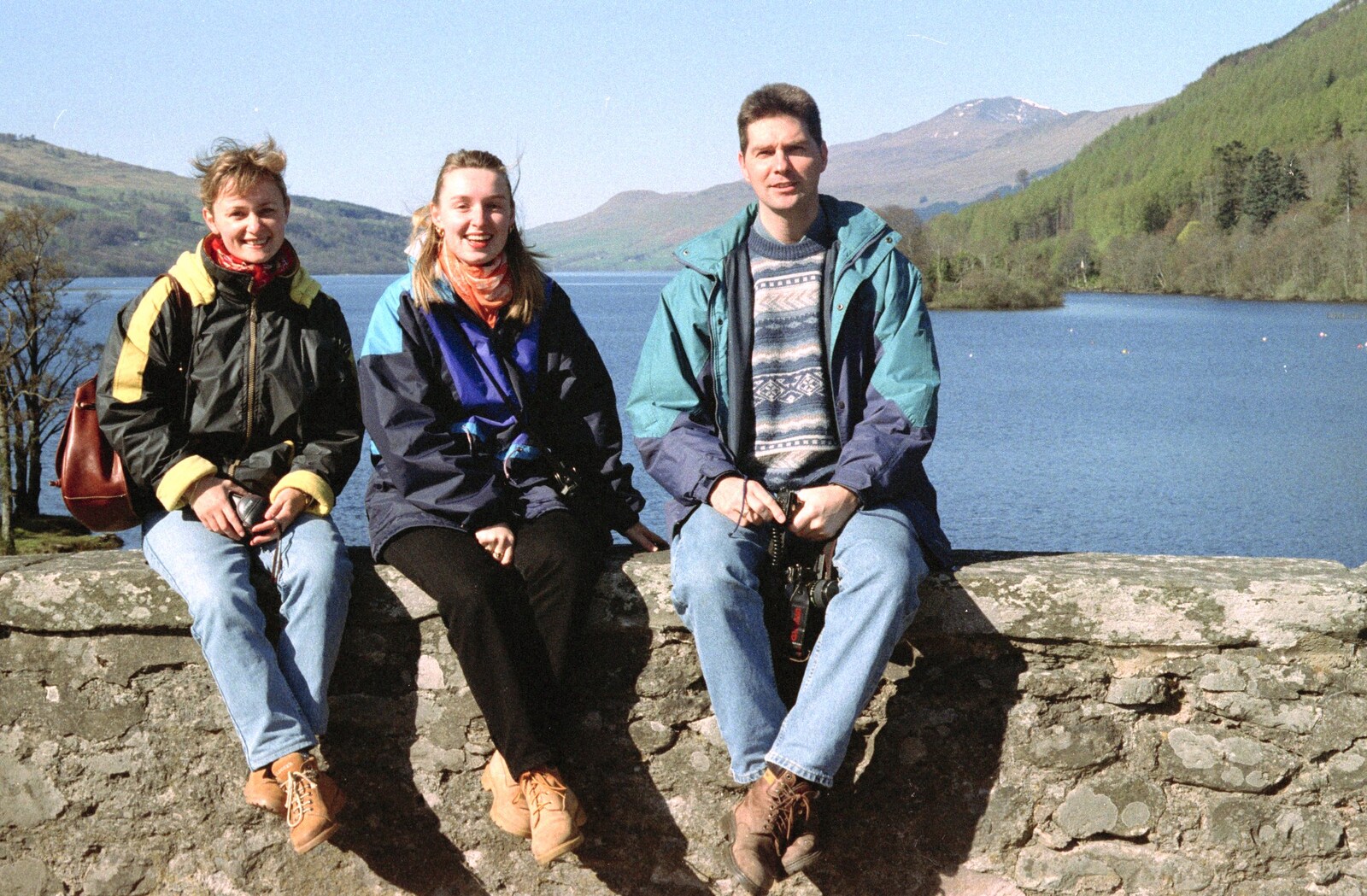 Isabelle, Carole and Sean on a wall from A Trip to Pitlochry, Scotland - 24th March 1998