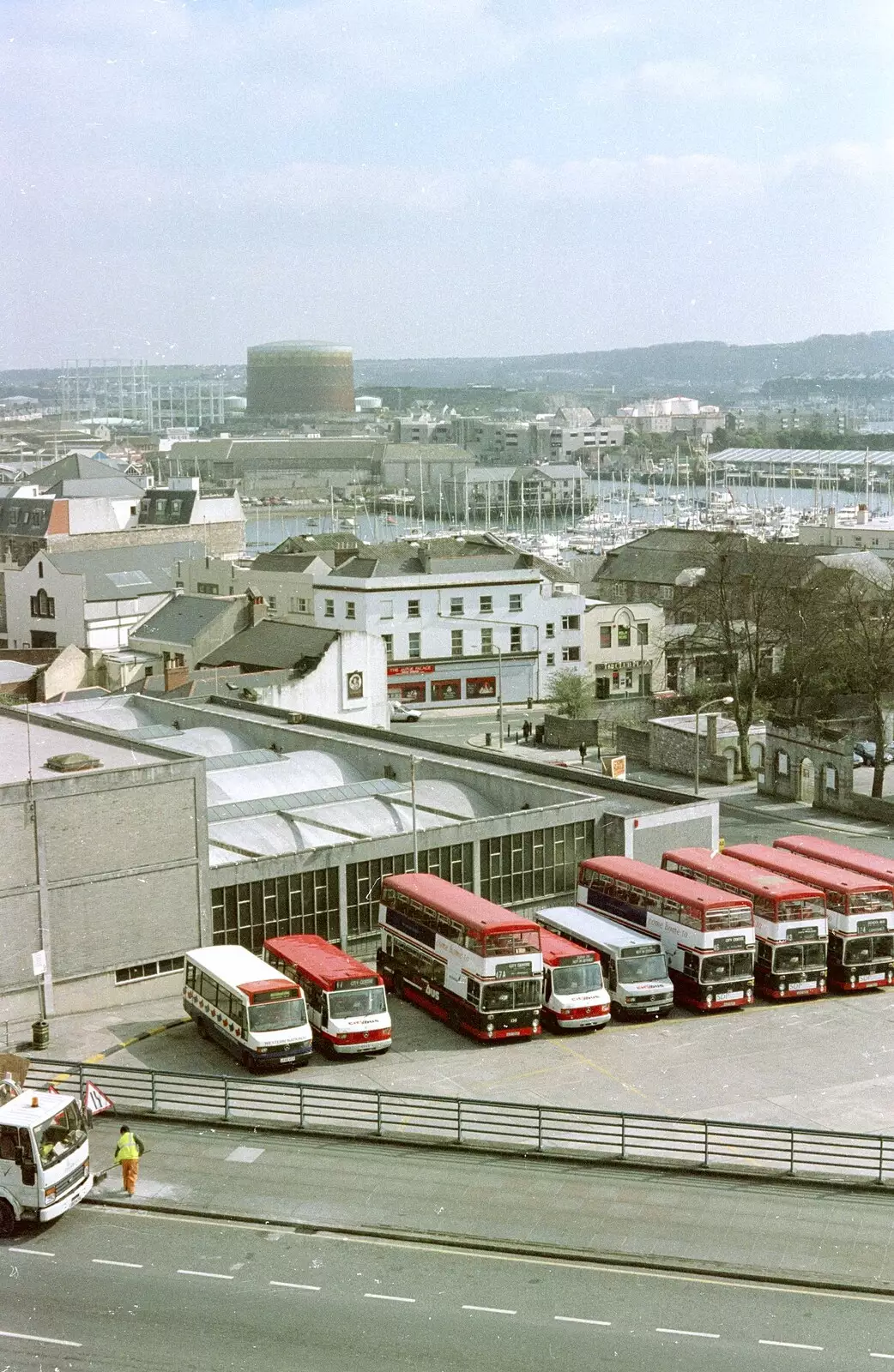 Buses and the Plymstock gasometer, from A CISU Trip to Plymouth, Devon - 1st May 1998