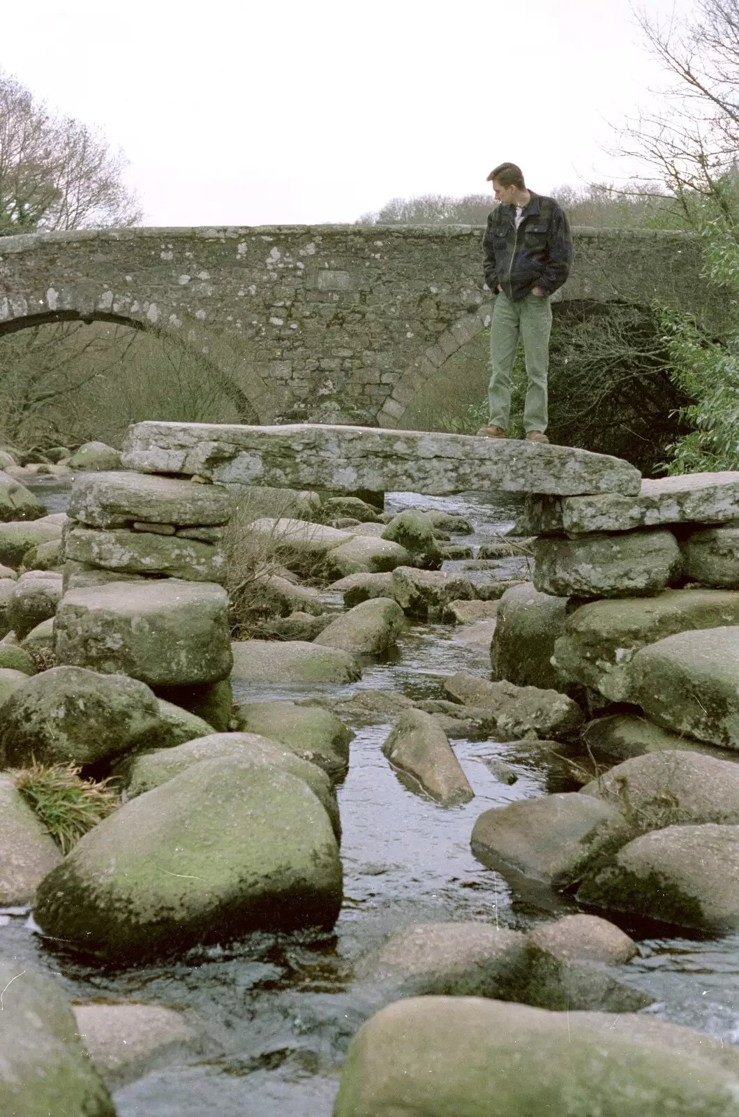 Andrew stands on the bridge at Badger's Holt, from A CISU Trip to Plymouth, Devon - 1st May 1998