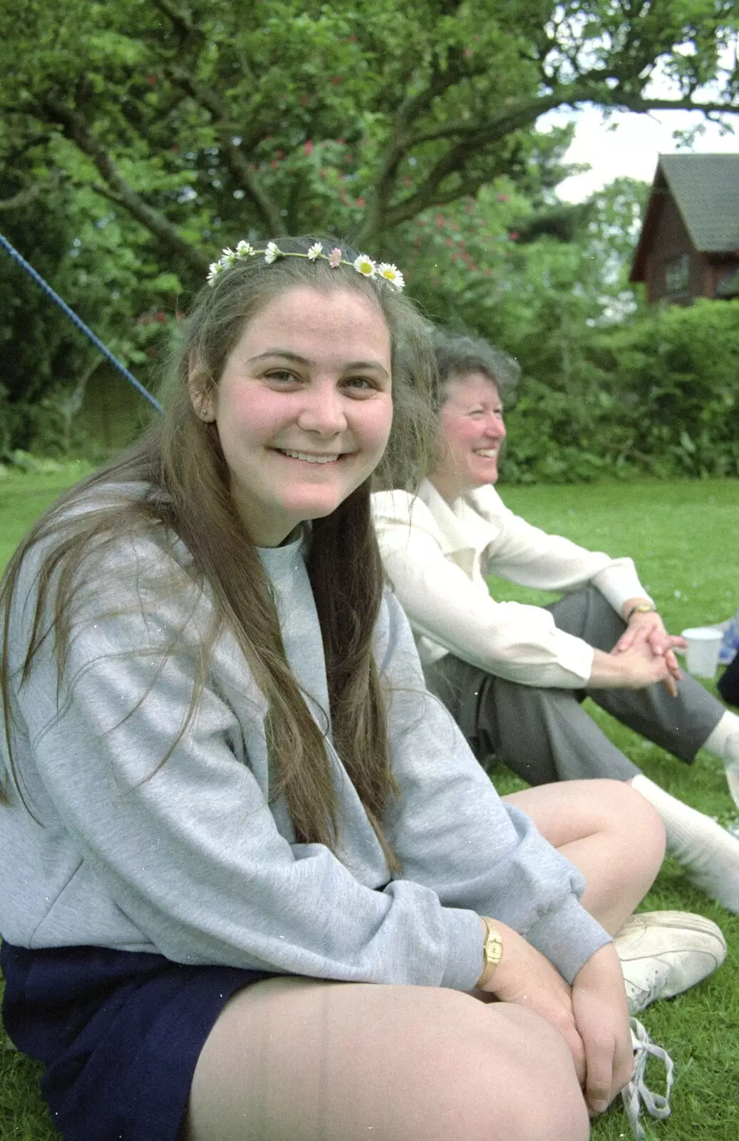 Claire with a daisy-chain, from The Brome Swan at Keith's 50th, Thrandeston, Suffolk  - June 2nd 1998