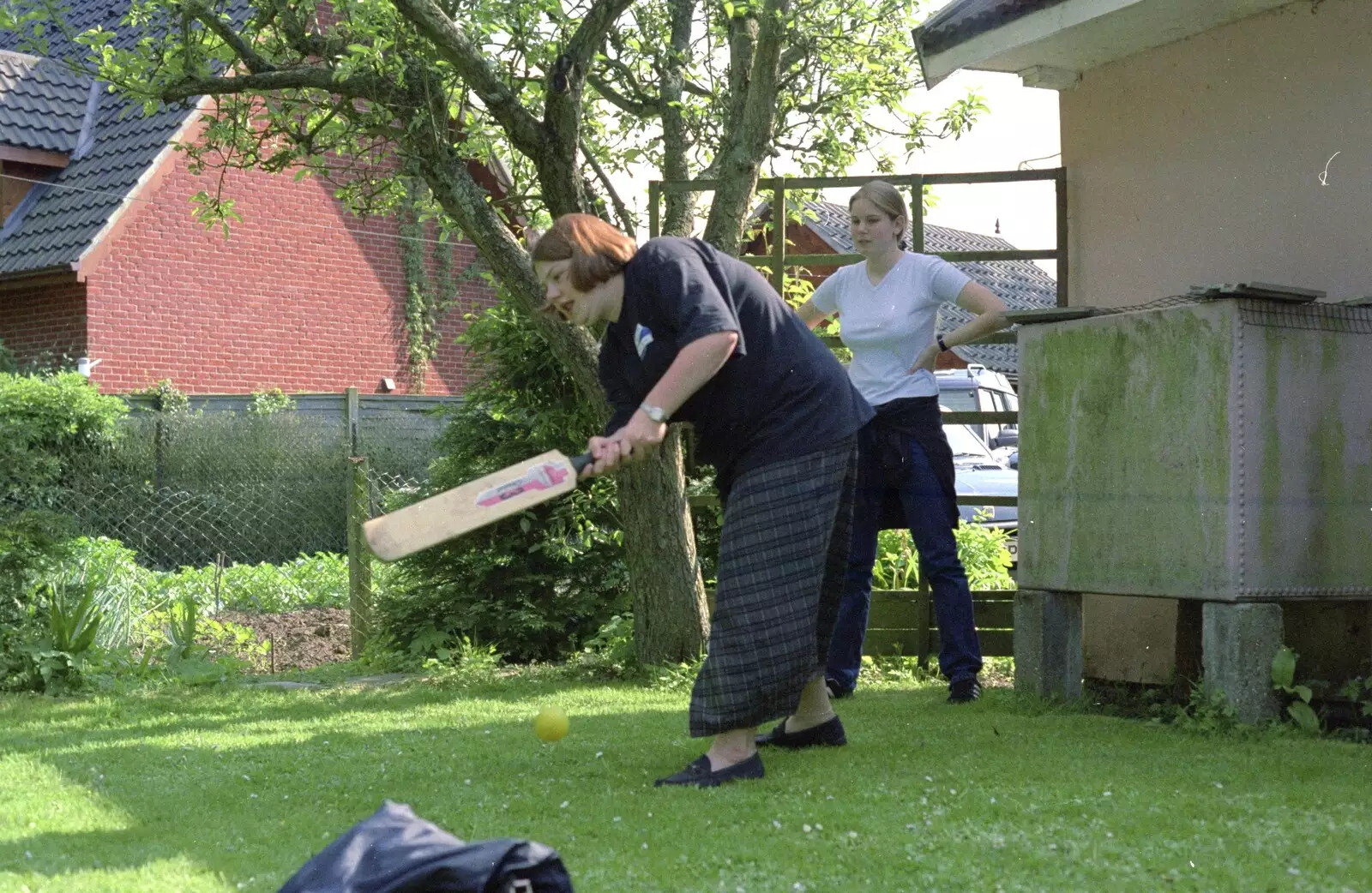 Helen bats away a ball, from The Brome Swan at Keith's 50th, Thrandeston, Suffolk  - June 2nd 1998