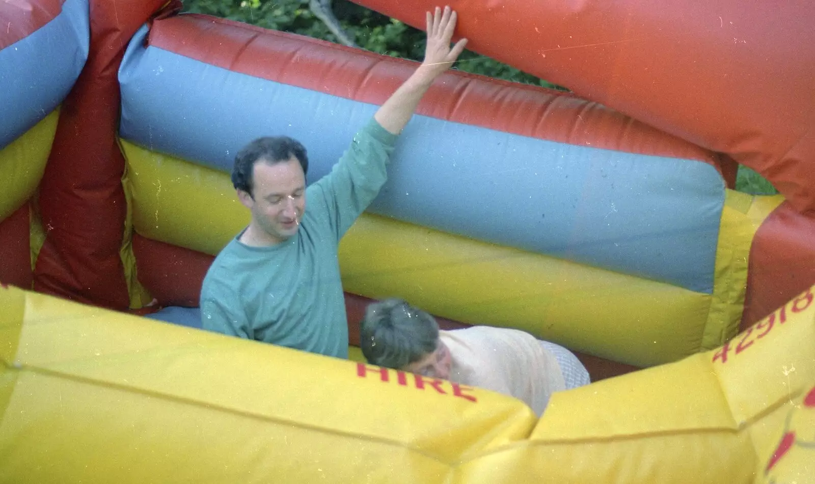 DH, Pippa and a collapsing bouncy castle, from The Brome Swan at Keith's 50th, Thrandeston, Suffolk  - June 2nd 1998